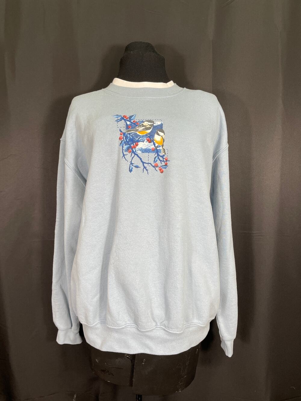 Vintage Day Breeze Holiday Sweatshirt, Chickadees on a holly branch, Plus size